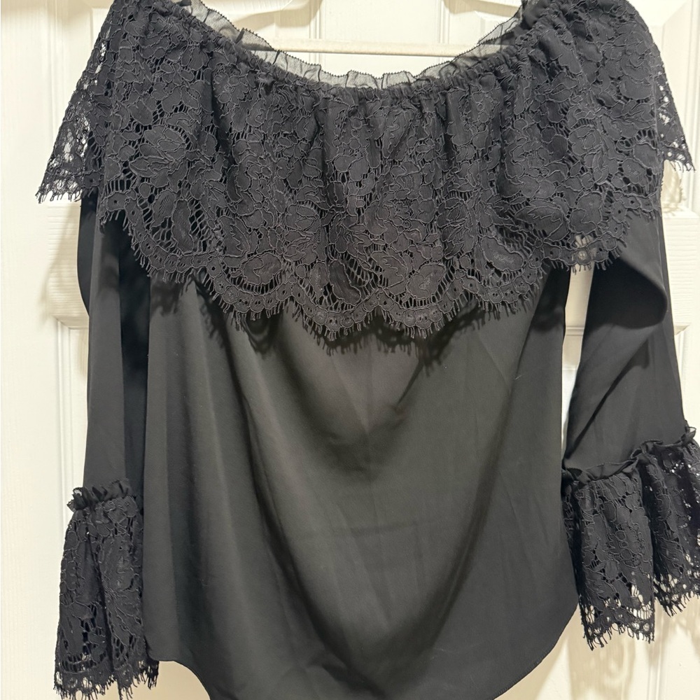 White House Black Market Black Off-Shoulder Lace Blouse